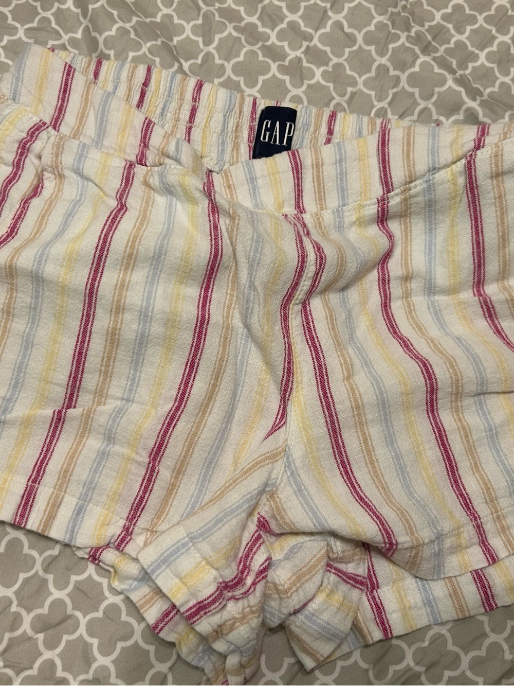 GAP White Linen-Blend Shorts with Pink, Blue, Yellow & Tan Stripes